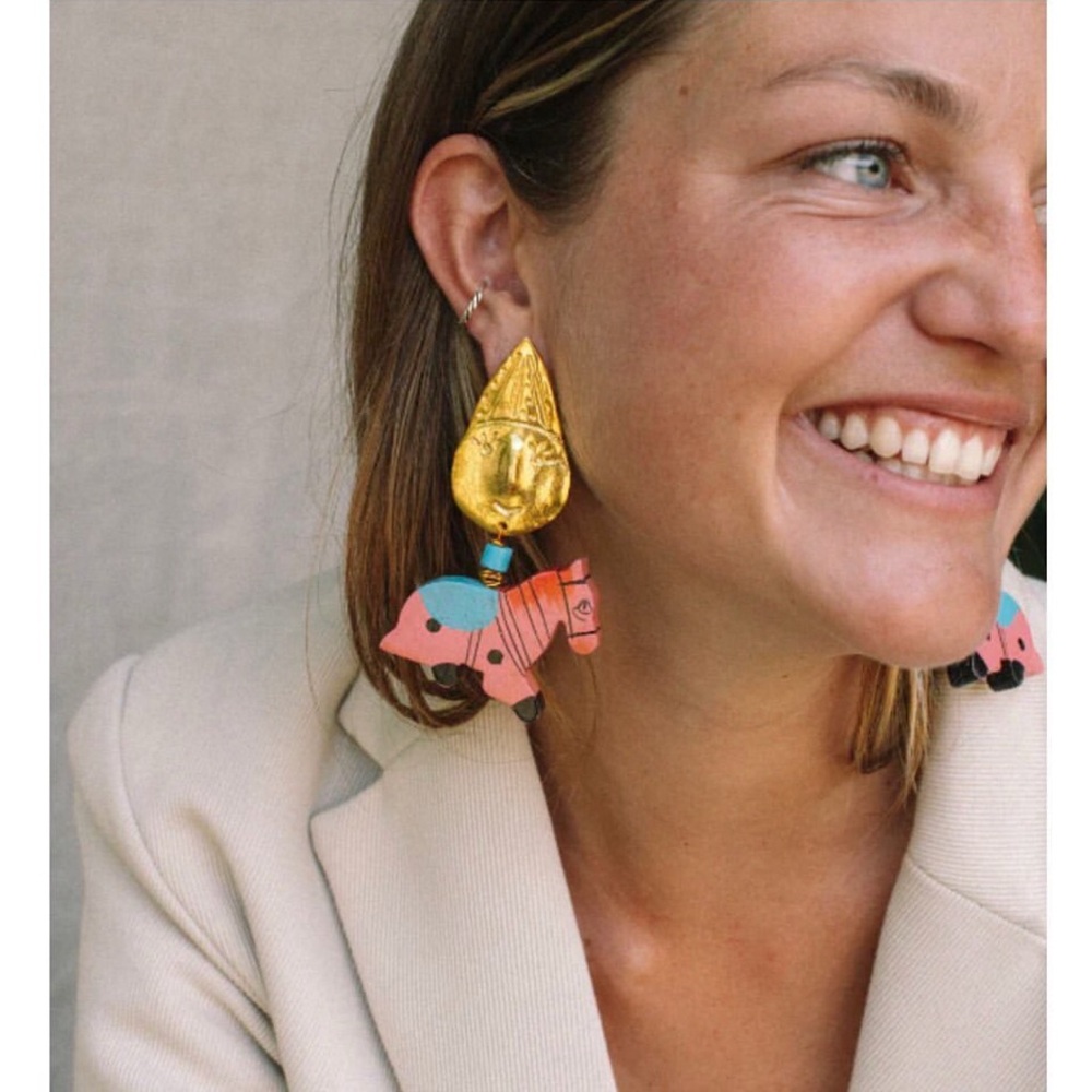 Gold and Pink Hand-painted Horse Earrings